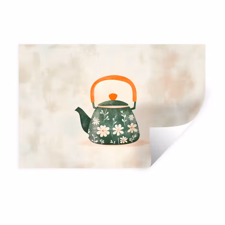 Theepot - Groen - Bloemen - Oranje Muursticker klein -3d