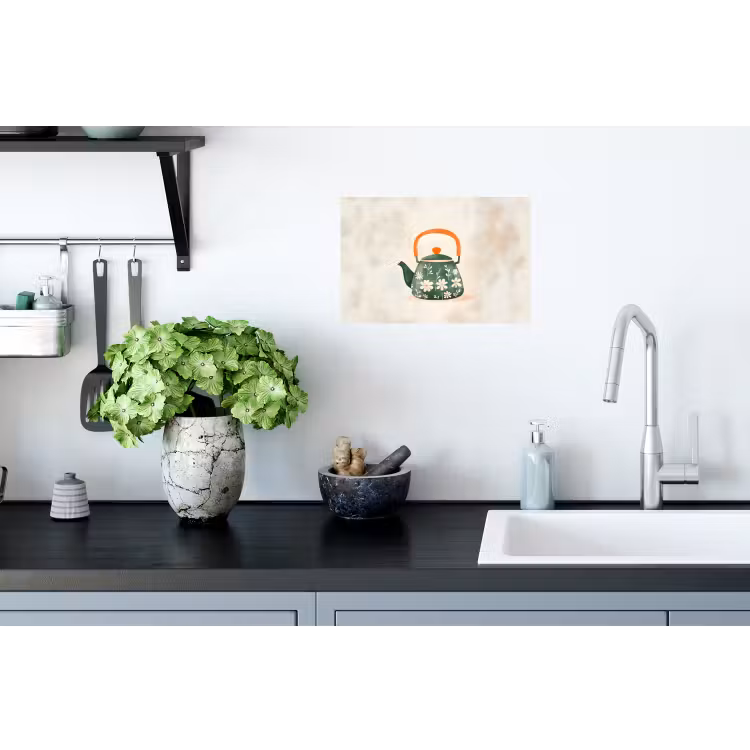 Theepot - Groen - Bloemen - Oranje Muursticker klein -keuken