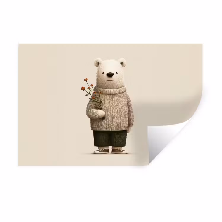 Knuffelbeer - Oranje bloemen - Vriendelijk Muursticker klein -3d