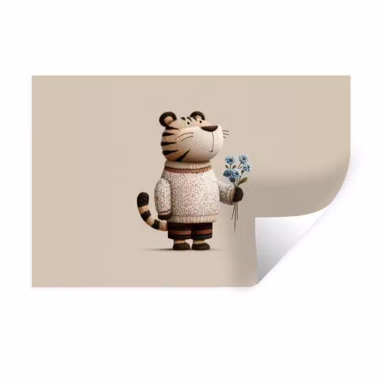 Tijger - Blauwe bloemen - Rustig Muursticker klein -3d