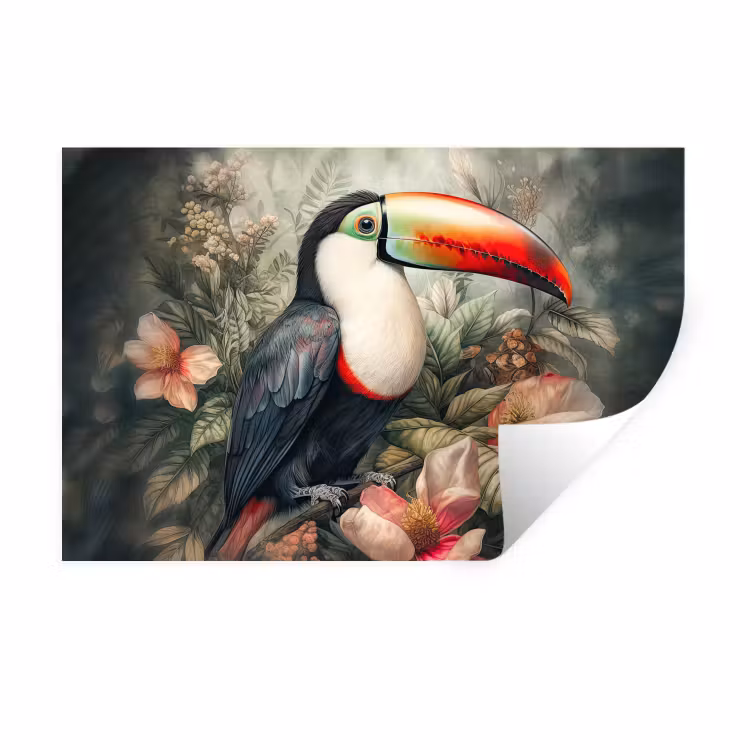 Toekan - Vogels - Bloemen - Planten - Tropisch Muursticker klein -3d