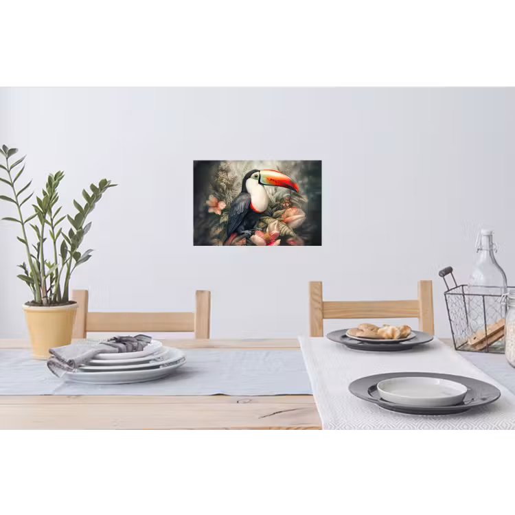 Toekan - Vogels - Bloemen - Planten - Tropisch Muursticker klein -eettafel