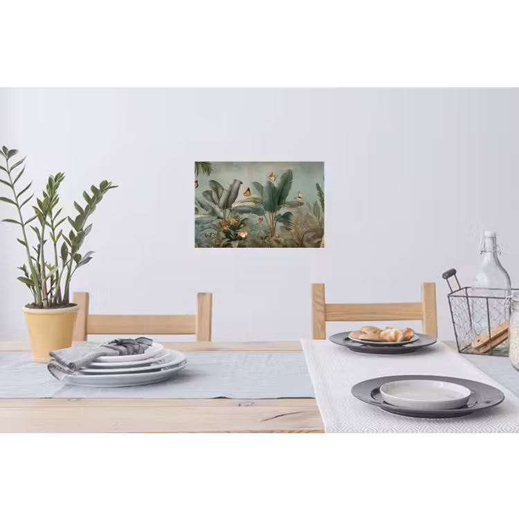 Tropisch bladerdek - Vlinders - groen - Bruin Muursticker klein -eettafel