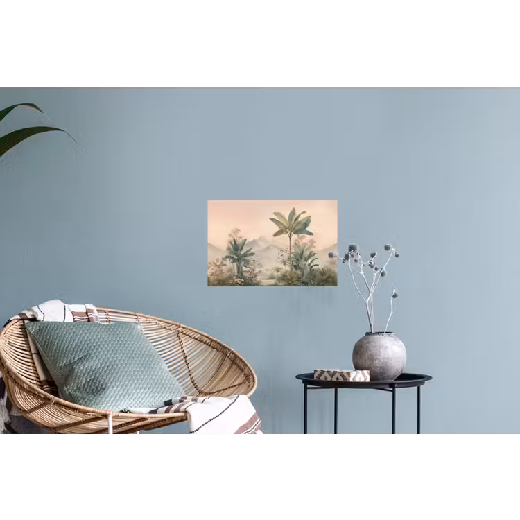 Tropisch landschap - palmbomen - Bloemen - Roze lucht Muursticker klein -plant