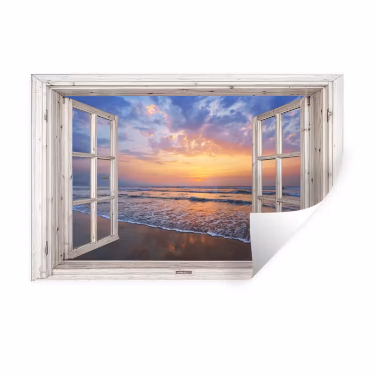 Doorkijk - Zee - Strand - Zonsondergang - Blauw Muursticker klein -3d