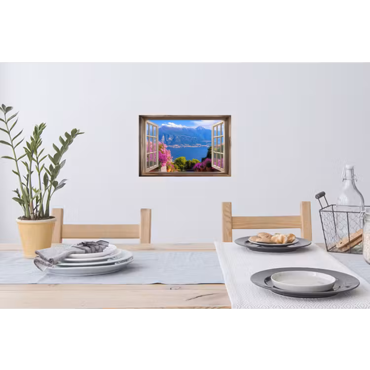 Doorkijk - Berg - Landschap - Uitzicht - Meer Muursticker klein -eettafel