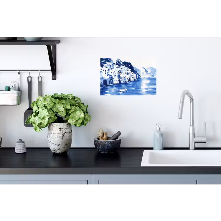 Dorp - Rotswand - Roeiboot - Water Muursticker klein -keuken