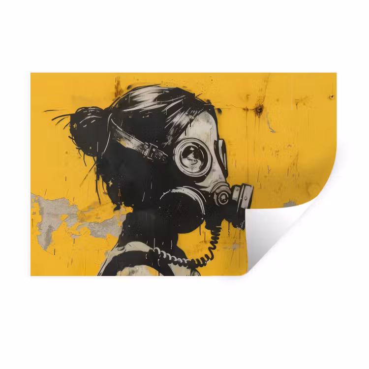 Vintage - Street art - Meisje - Masker - Geel - Banksy Muursticker klein -3d