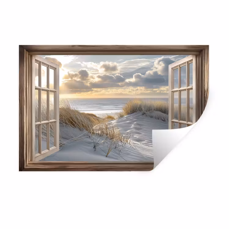 Doorkijk - Strand - Duinen - Zee - Natuur Muursticker klein -3d