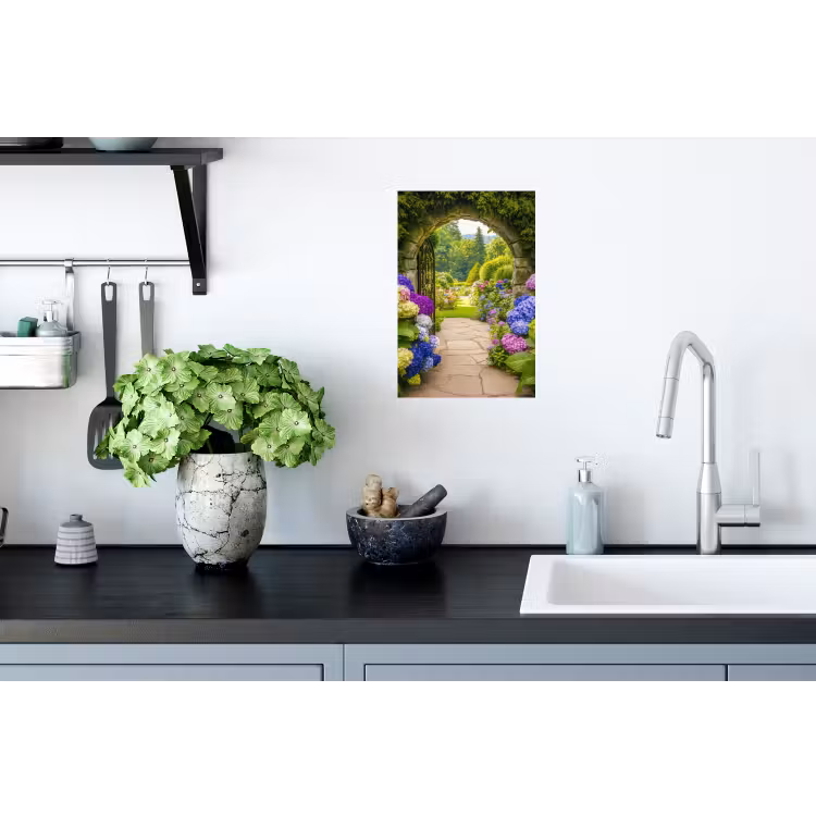 Doorkijk - Poort - Hortensia - Bloementuin Muursticker klein -keuken