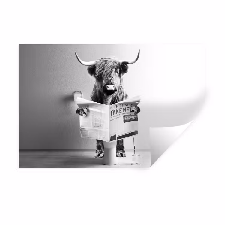 WC - Toilet - Krant - Schotse Hooglander - Zwart Wit Muursticker klein -3d