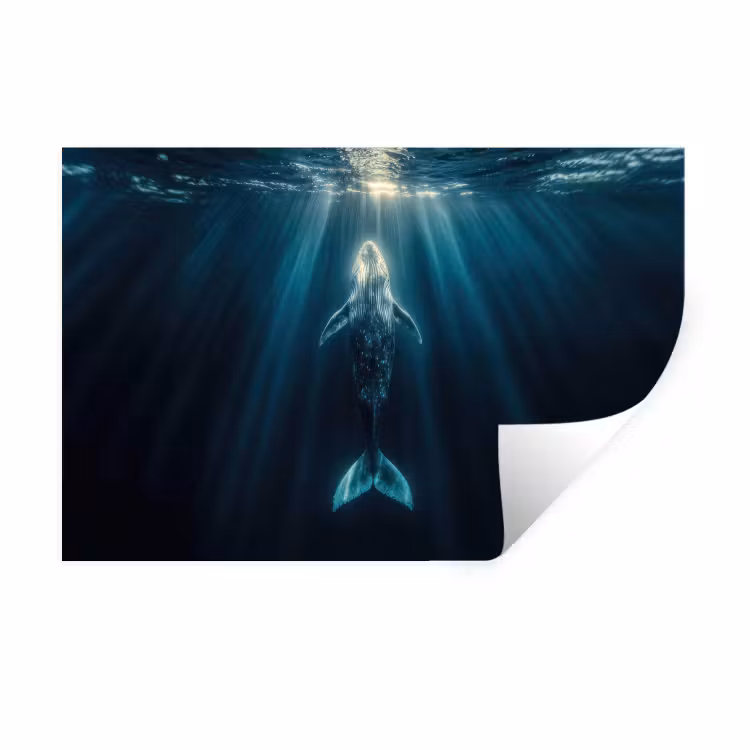 Walvis - Water - Zonnestralen - Blauw Muursticker klein -3d