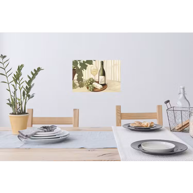 Wijn - Druiven - Kaas - Bladeren Muursticker klein -eettafel