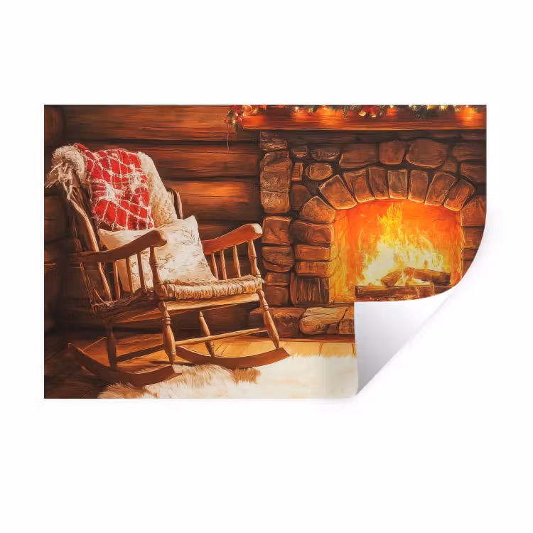 Winter - Kerst - Huis - Openhaard Muursticker klein -3d