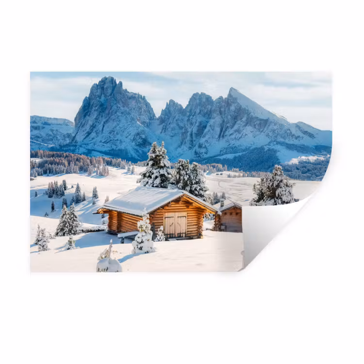Winter - Huisje - Bergen - Uitzicht - Sneeuw Muursticker klein -3d