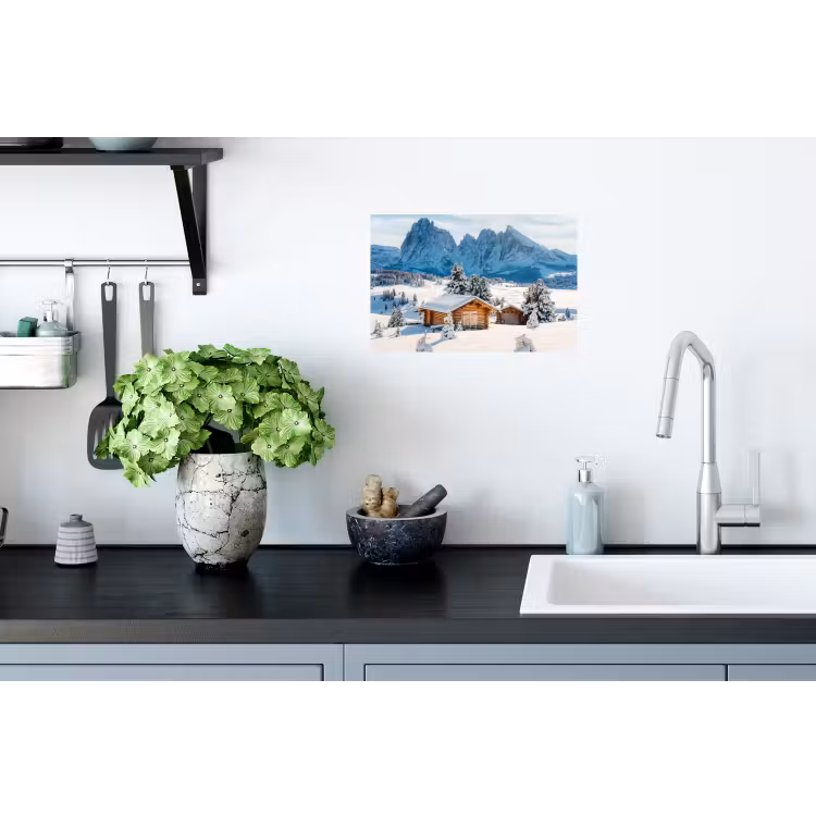 Winter - Huisje - Bergen - Uitzicht - Sneeuw Muursticker klein -keuken