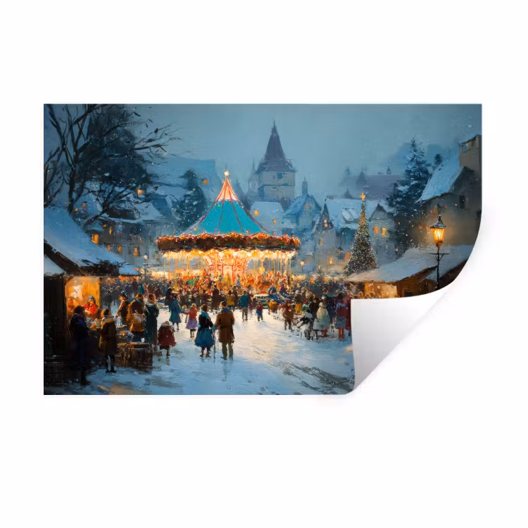 Winterkermis - Dorp - Kleurrijk Muursticker klein -3d