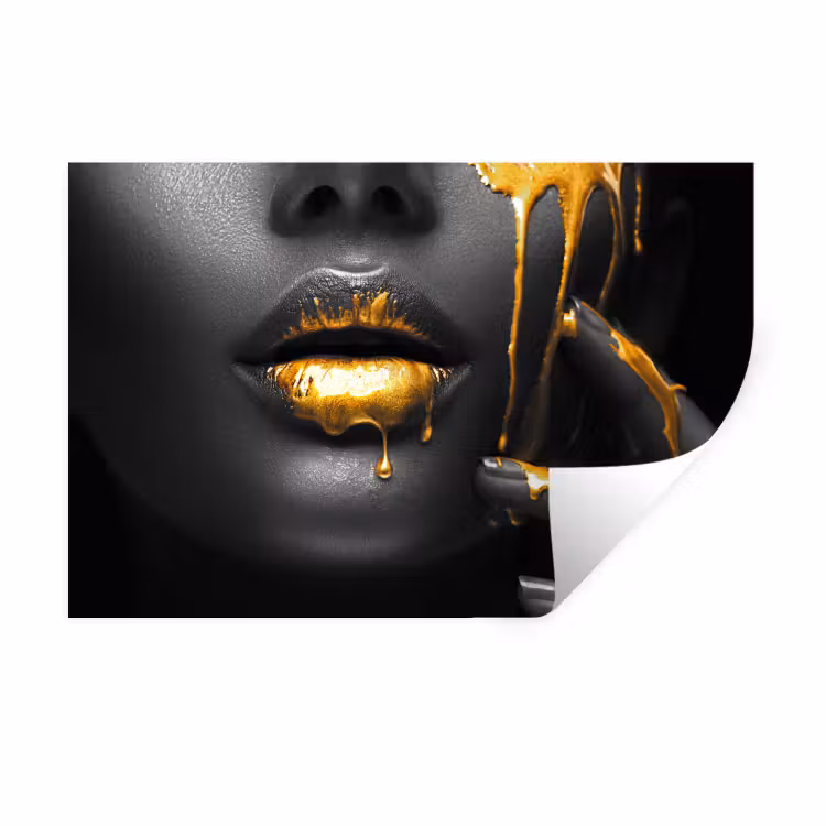 Vrouw - Zwart - Goud - Gezicht - Lippen Muursticker klein -3d