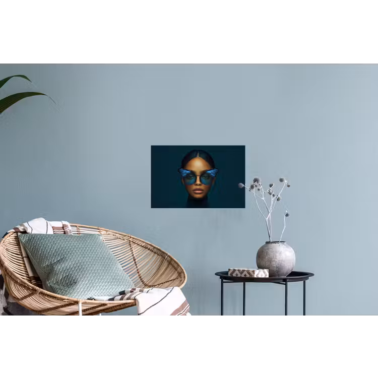 Vrouw - Vlinder - Bril - Blauw - Modern - Portret Muursticker klein -plant