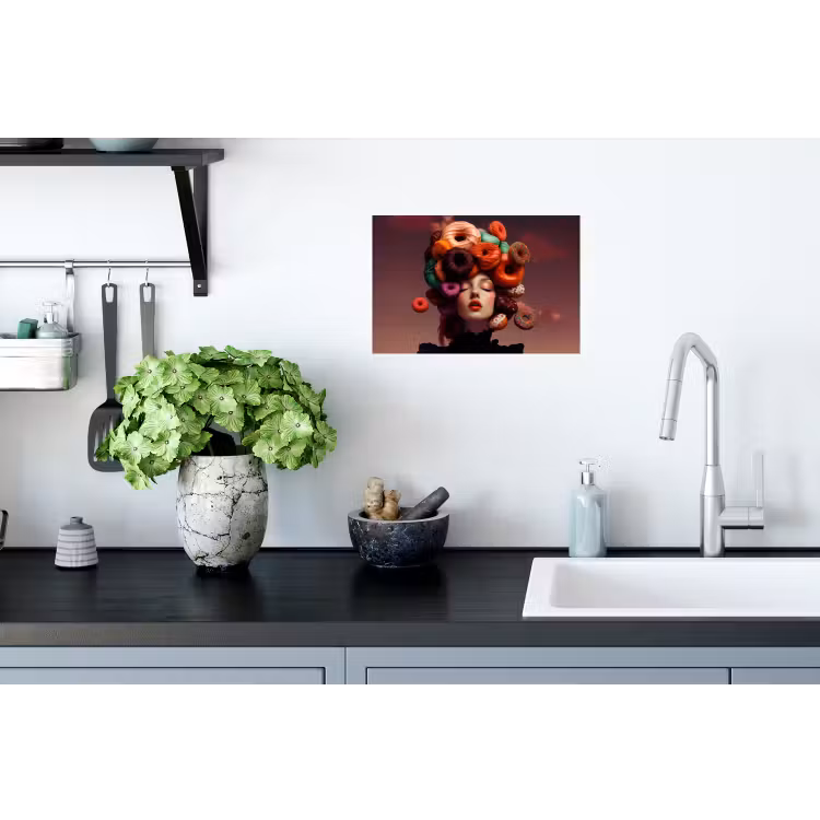 Vrouw - Donuts - Kleurrijk Muursticker klein -keuken