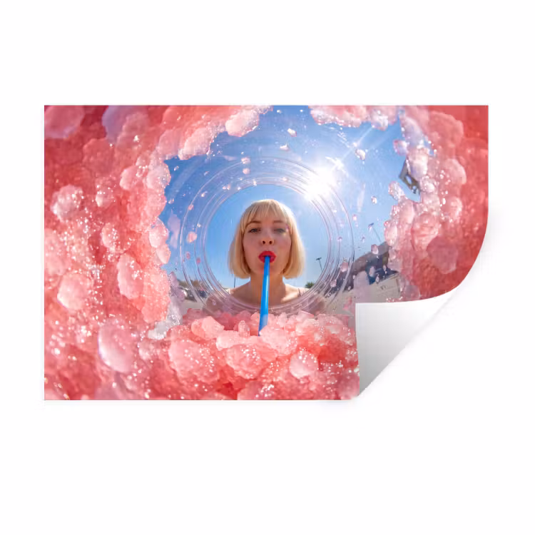 Vrouw - Drank - Zomer - Roze - Blauw Muursticker klein -3d
