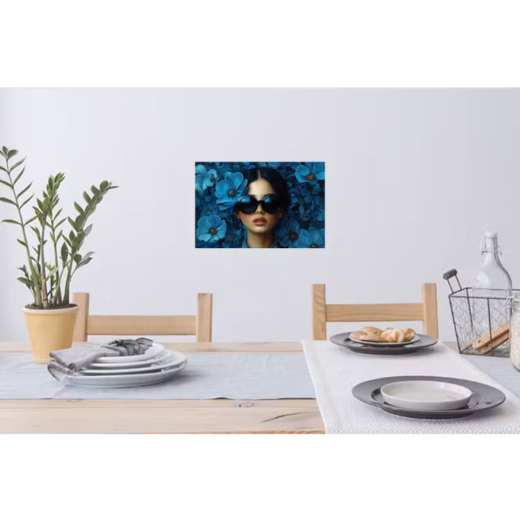 Vrouw - Bloemen - Blauw - Aesthetic - Luxe Muursticker klein -eettafel