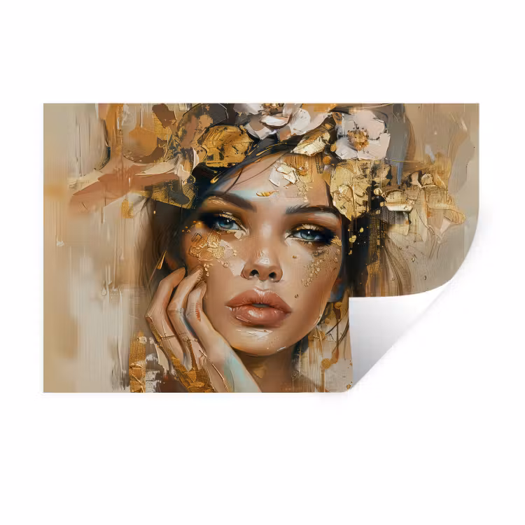 Vrouw - Bloemen  - Goud - Portret Muursticker klein -3d