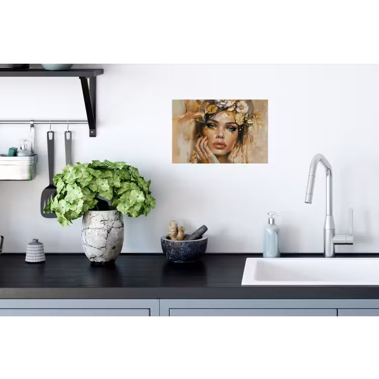 Vrouw - Bloemen  - Goud - Portret Muursticker klein -keuken