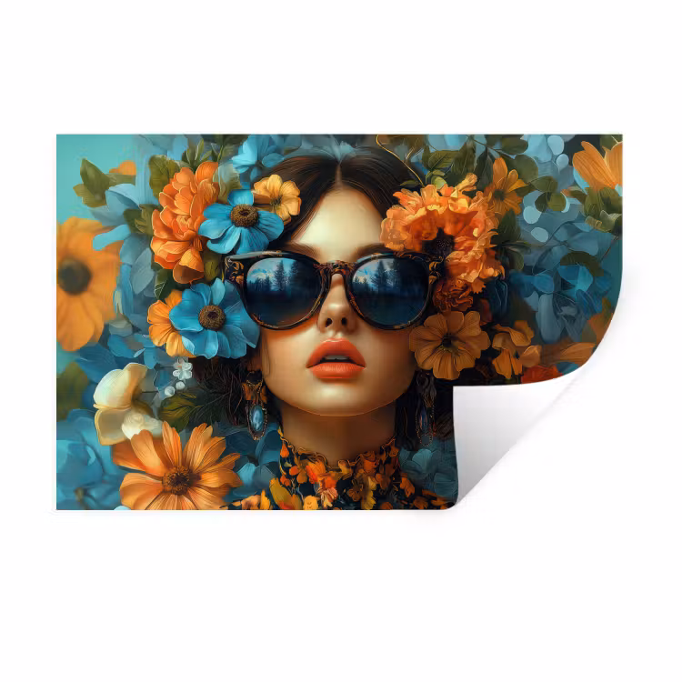Vrouw - Bloemen - Oranje - Blauw - Modern Muursticker klein -3d