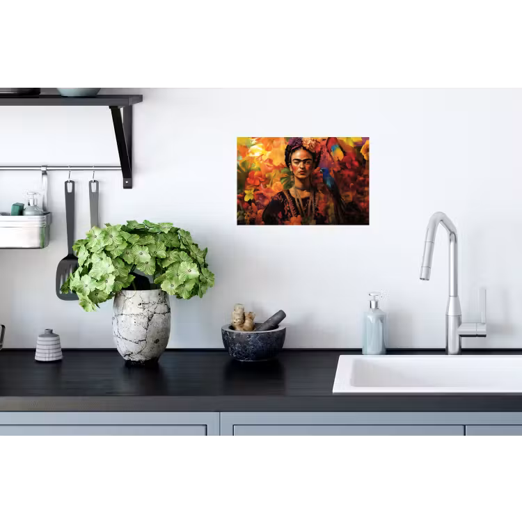 Vrouw - Bloemen - Papegaai - Schilderachtig Muursticker klein -keuken