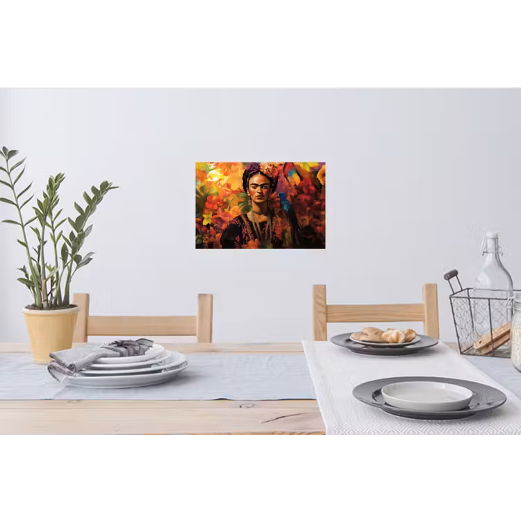 Vrouw - Bloemen - Papegaai - Schilderachtig Muursticker klein -eettafel