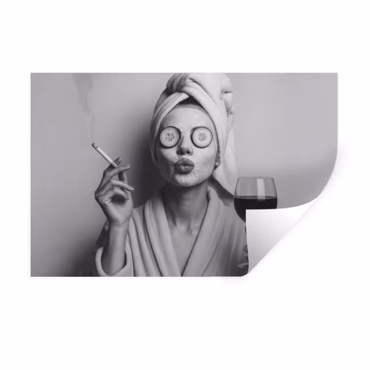 Vrouw - Masker - Wijn - Sigaret Muursticker klein -3d