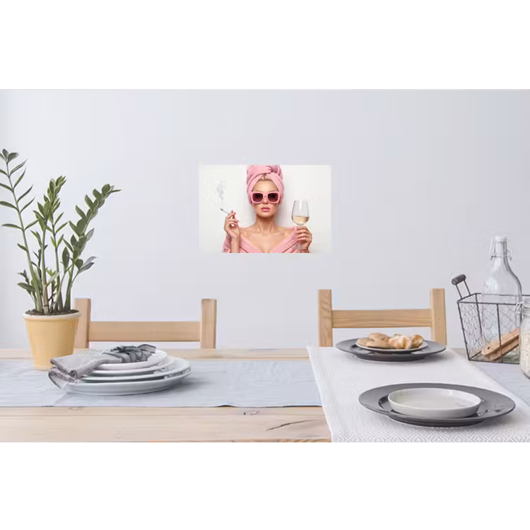 Vrouw - Roze - Wijn - Zonnebril Muursticker klein -eettafel