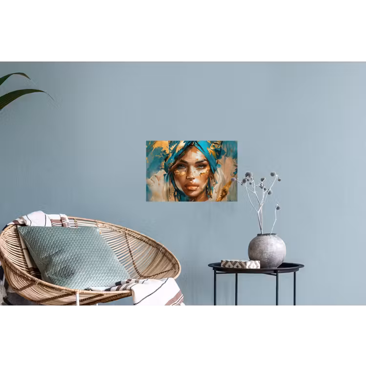 Vrouw - Portret - Goud - Luxe - Blauw Muursticker klein -plant