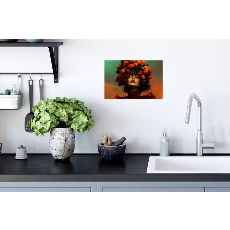 Vrouw - Frambozen - Bladeren Muursticker klein -keuken