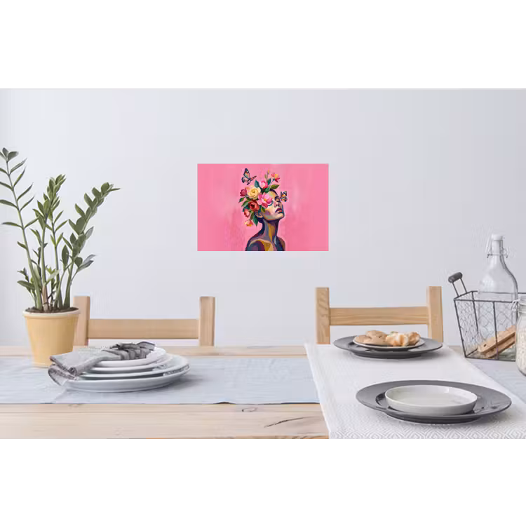Vrouwengezicht - Vlinders - Kleurrijk Muursticker klein -eettafel