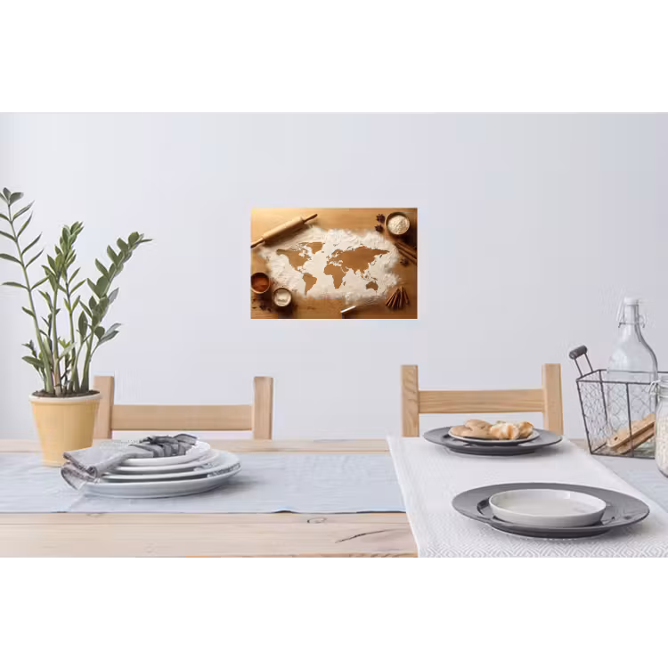 Hout - Wereldkaart - Bakken - Keuken Muursticker klein -eettafel