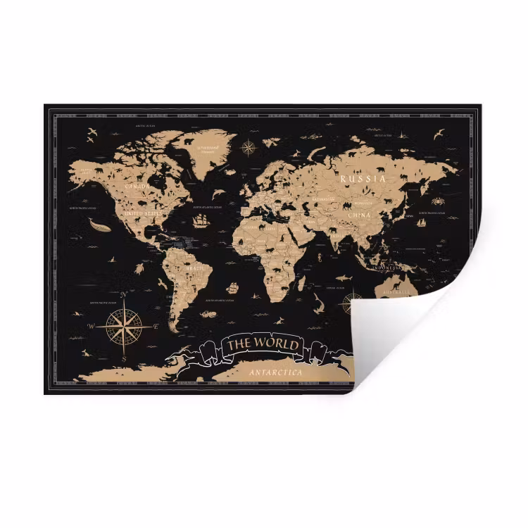 Wereldkaart - Beige - Zwart Muursticker klein -3d