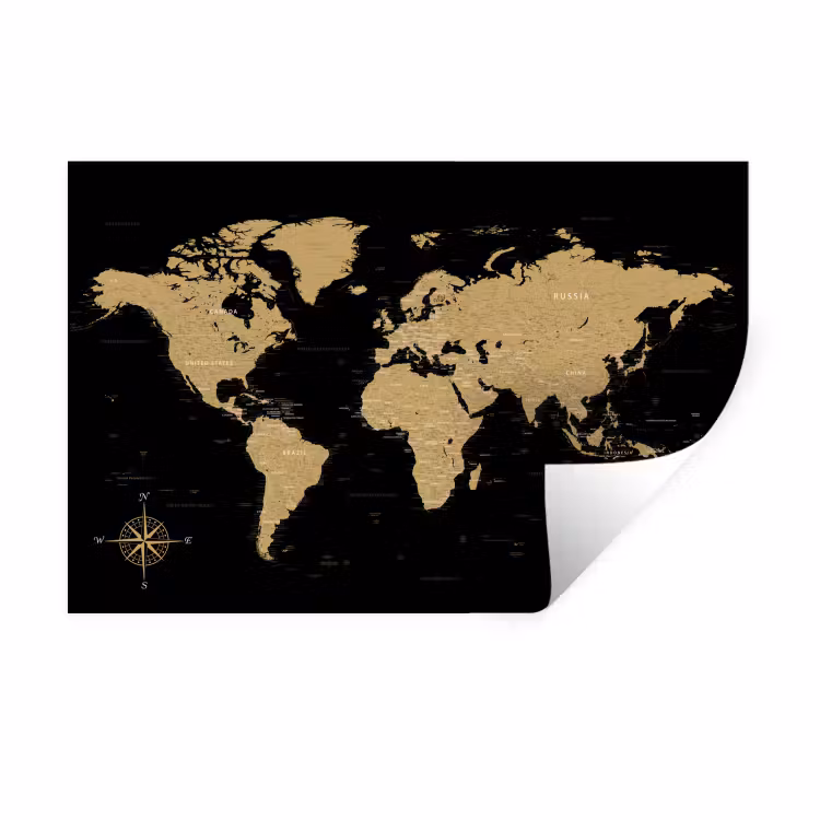 Wereldkaart - Beige - Zwart Muursticker klein -3d