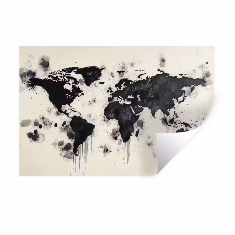 Wereldkaart - Zwart - Inkt Muursticker klein -3d