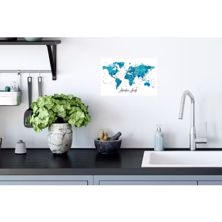 Wereldkaart - Blauw - Kleurrijk Muursticker klein -keuken