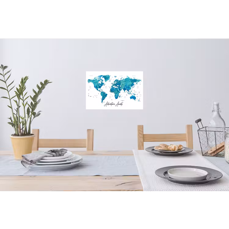 Wereldkaart - Blauw - Kleurrijk Muursticker klein -eettafel