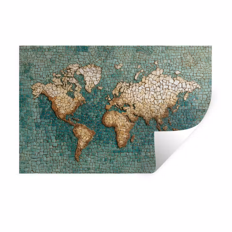 Wereldkaart - Gebroken tegels - Mozaïek Muursticker klein -3d
