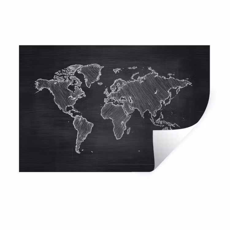 Wereldkaart - Krijt - Zwart - minimalistisch Muursticker klein -3d
