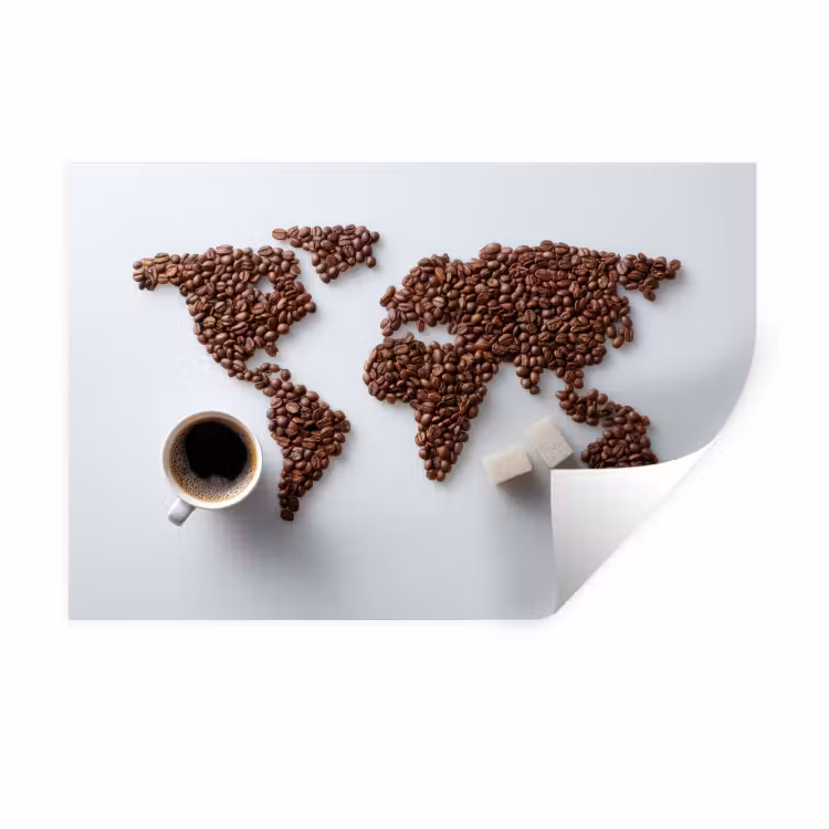 Wereldkaart - Koffiebonen - Suikerklontjes Muursticker klein -3d