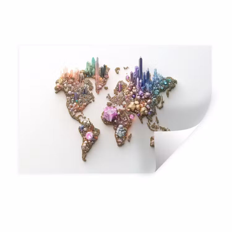Wereldkaart - Kristallen - Unieke tinten Muursticker klein -3d