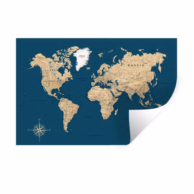 Wereldkaart - Donkerblauw - Beige Muursticker klein -3d