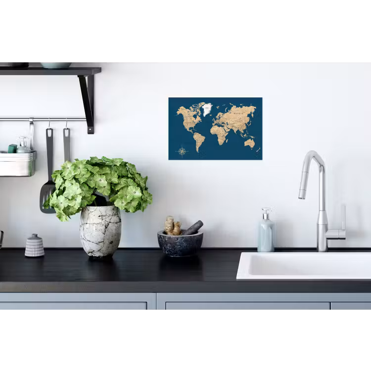 Wereldkaart - Donkerblauw - Beige Muursticker klein -keuken