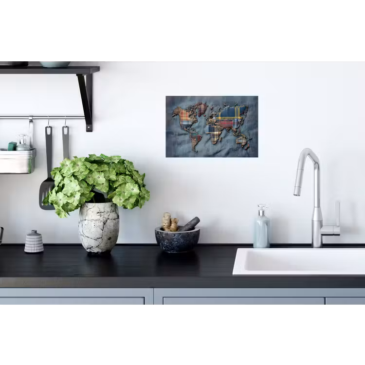 Wereldkaart - Denim - Textiel Muursticker klein -keuken