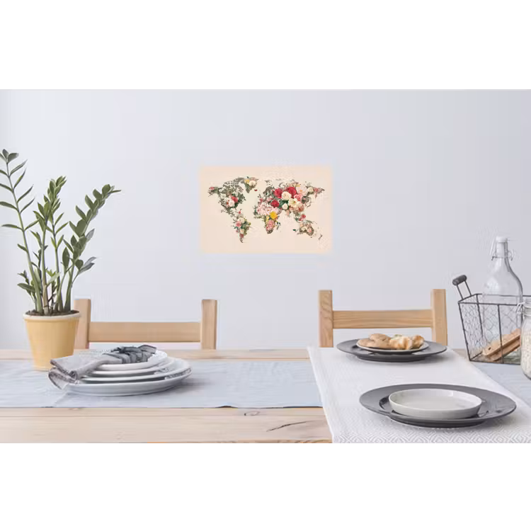 Wereldkaart - Bloemen - Roze Muursticker klein -eettafel